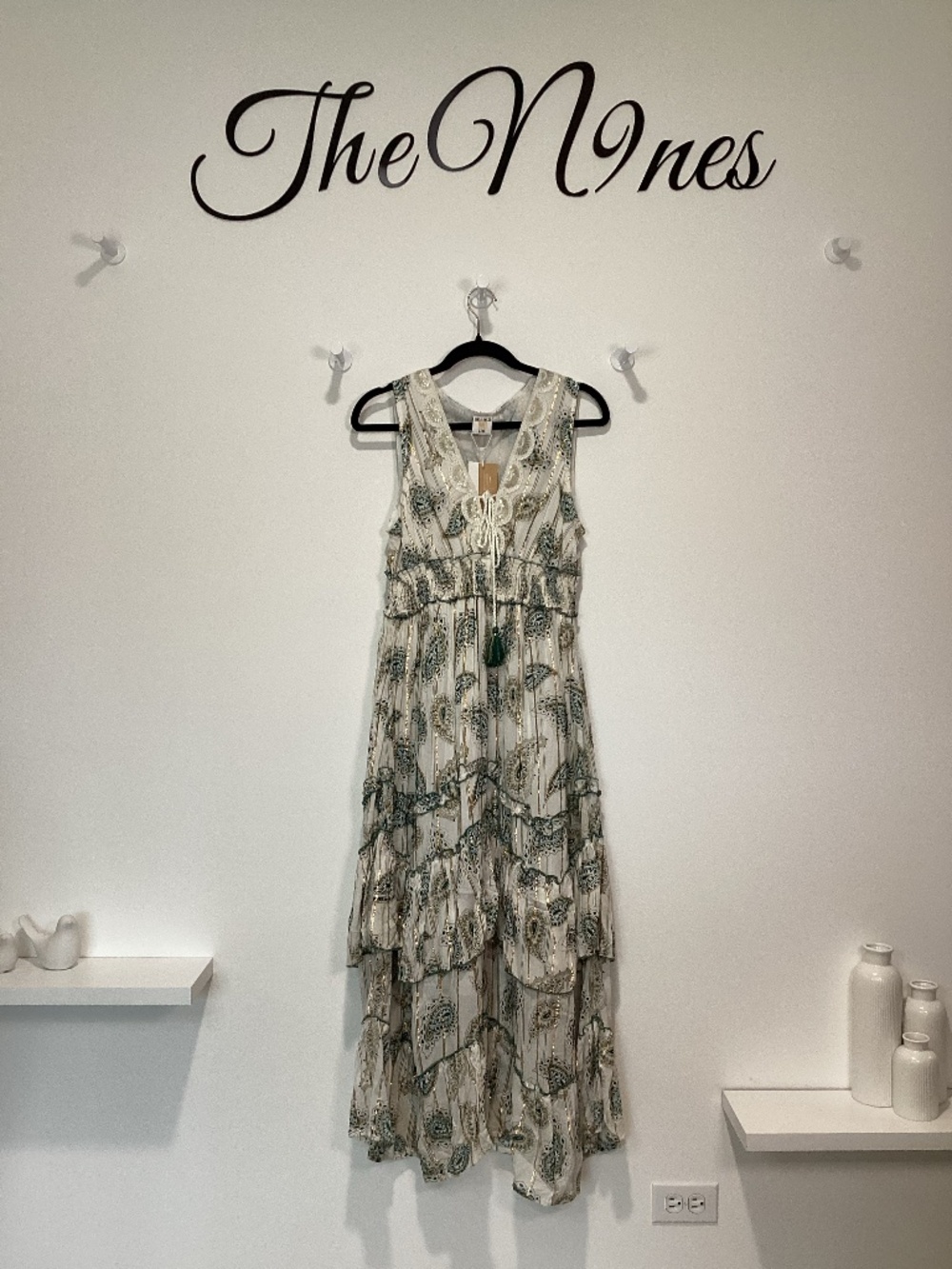 Source Unknown Cream and Green Tiered Boho Maxi Dress
